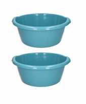 2x stuks turquoise blauwe afwasbak afwasteil rond 10 liter 38 cm