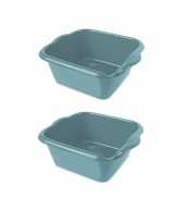 2x stuks turquoise blauwe afwasbak afwasteil vierkant 10 liter 37 cm