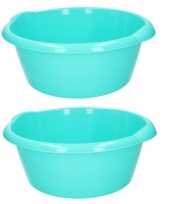 Set van 2x stuks ronde afwasteil afwasbak turquoise groen 10 liter 38 x 16 cm